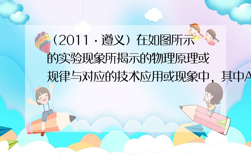 （2011•遵义）在如图所示的实验现象所揭示的物理原理或规律与对应的技术应用或现象中，其中A图所揭示的物理原理或规律是_