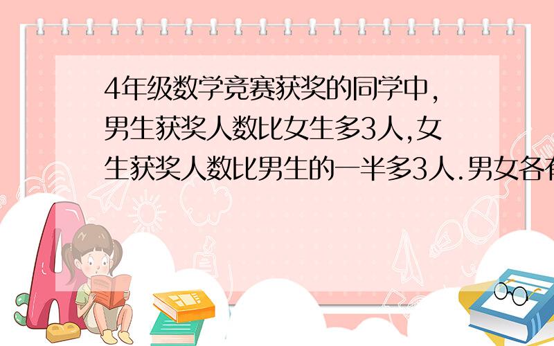 4年级数学竞赛获奖的同学中,男生获奖人数比女生多3人,女生获奖人数比男生的一半多3人.男女各有几人获奖