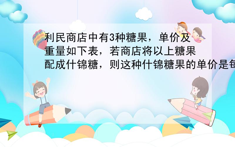 利民商店中有3种糖果，单价及重量如下表，若商店将以上糖果配成什锦糖，则这种什锦糖果的单价是每千克______元．