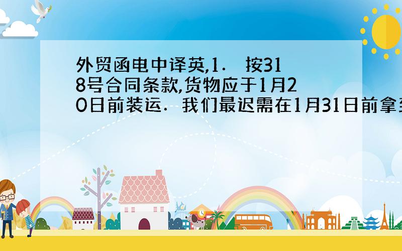 外贸函电中译英,1． 按318号合同条款,货物应于1月20日前装运．我们最迟需在1月31日前拿到提单,相信你方会按期发运