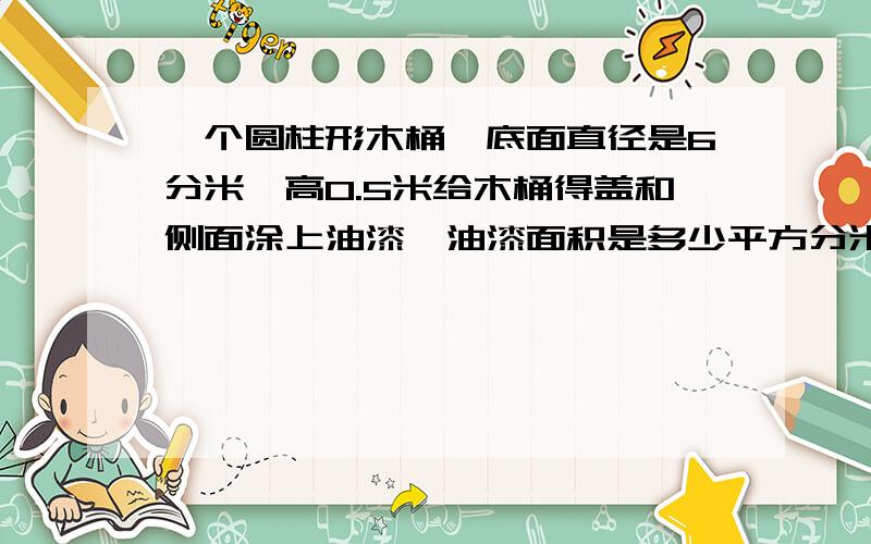 一个圆柱形木桶,底面直径是6分米,高0.5米给木桶得盖和侧面涂上油漆,油漆面积是多少平方分米?做这只木桶共需要多少平方分