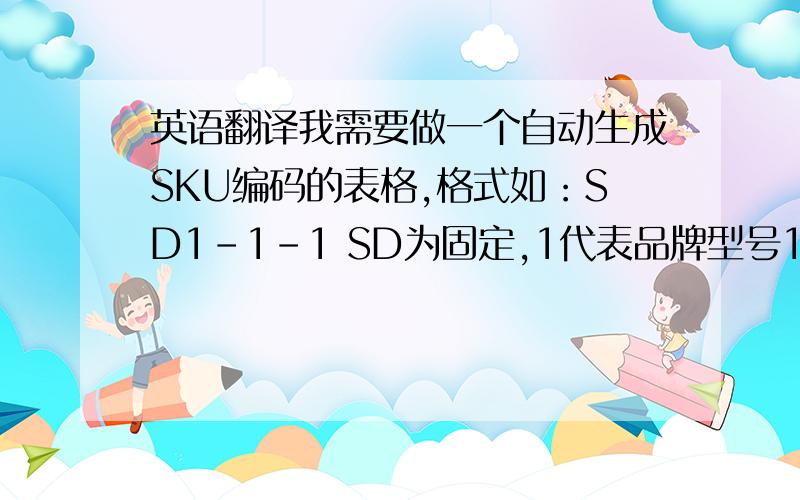 英语翻译我需要做一个自动生成SKU编码的表格,格式如：SD1-1-1 SD为固定,1代表品牌型号1代表该型号类型1代表颜