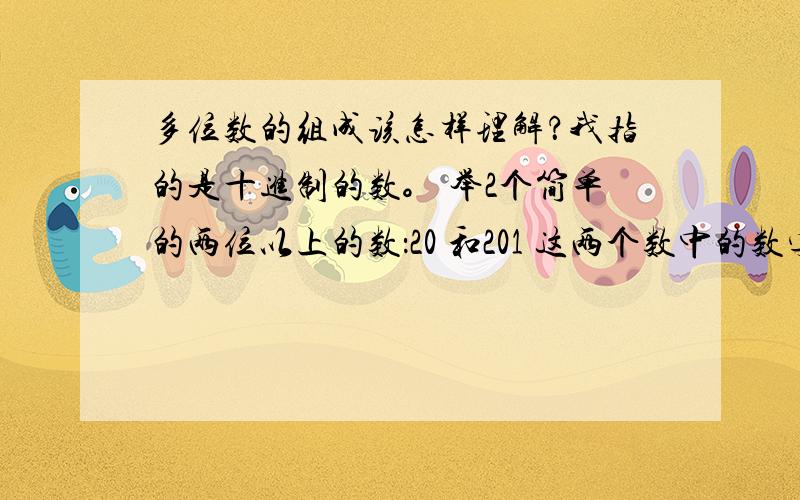 多位数的组成该怎样理解？我指的是十进制的数。 举2个简单的两位以上的数：20 和201 这两个数中的数字2该怎样理解？数