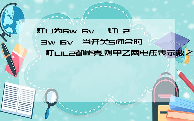 灯L1为6w 6v ,灯L2 3w 6v,当开关S闭合时,灯L1L2都能亮.则甲乙两电压表示数之比为什么是2:3