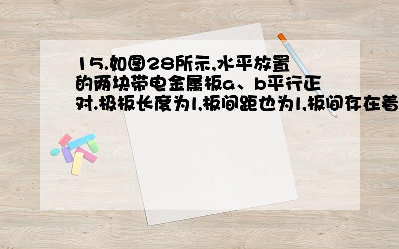 15.如图28所示,水平放置的两块带电金属板a、b平行正对.极板长度为l,板间距也为l,板间存在着方向竖直向