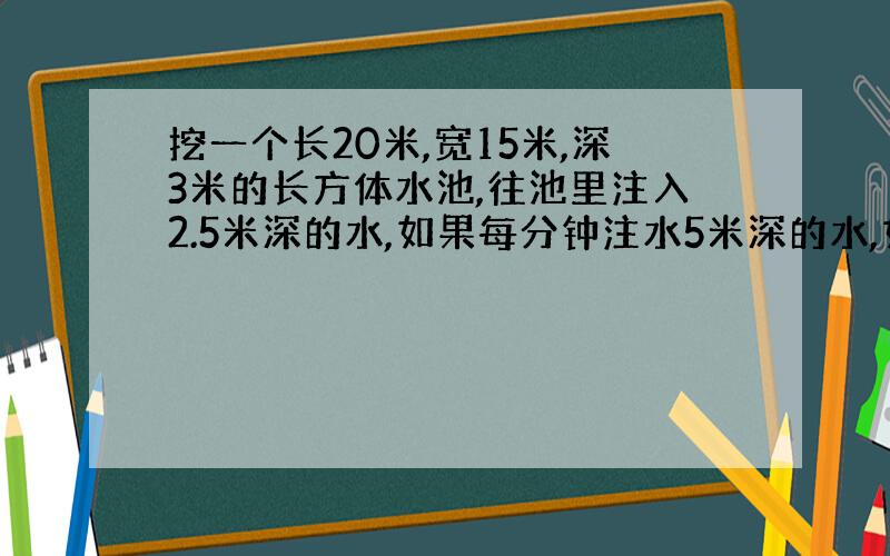 挖一个长20米,宽15米,深3米的长方体水池,往池里注入2.5米深的水,如果每分钟注水5米深的水,如果每分钟注水