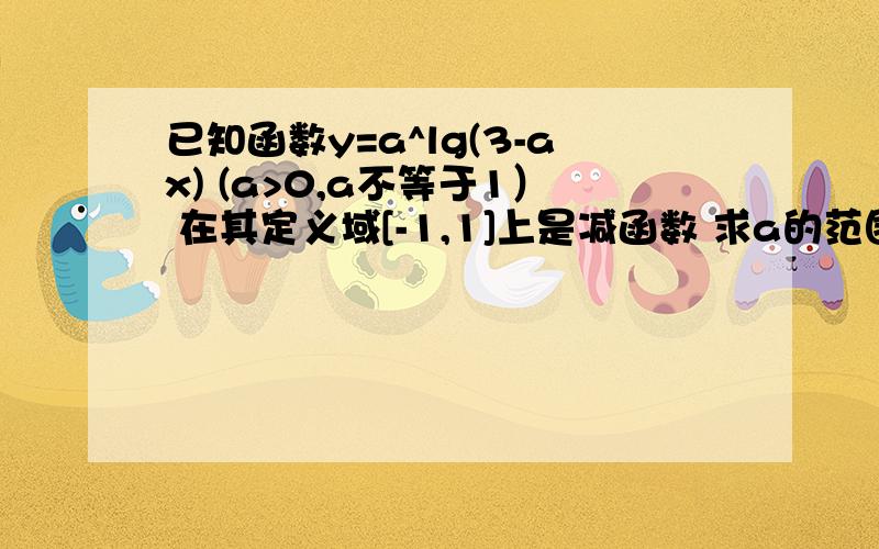 已知函数y=a^lg(3-ax) (a>0,a不等于1） 在其定义域[-1,1]上是减函数 求a的范围