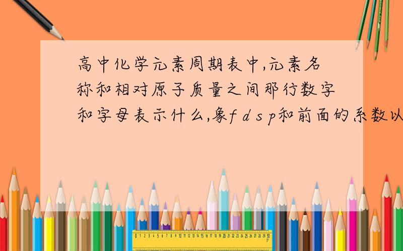 高中化学元素周期表中,元素名称和相对原子质量之间那行数字和字母表示什么,象f d s p和前面的系数以及右上角的数字各是