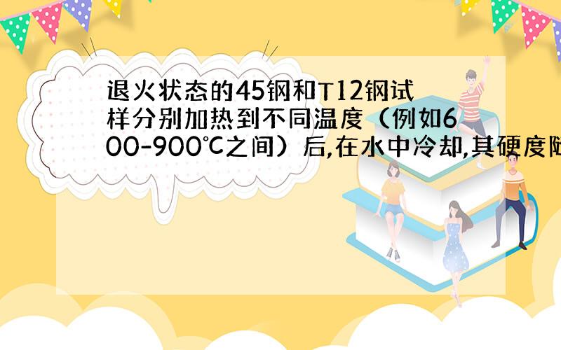 退火状态的45钢和T12钢试样分别加热到不同温度（例如600-900℃之间）后,在水中冷却,其硬度随加热温度如何变化?为