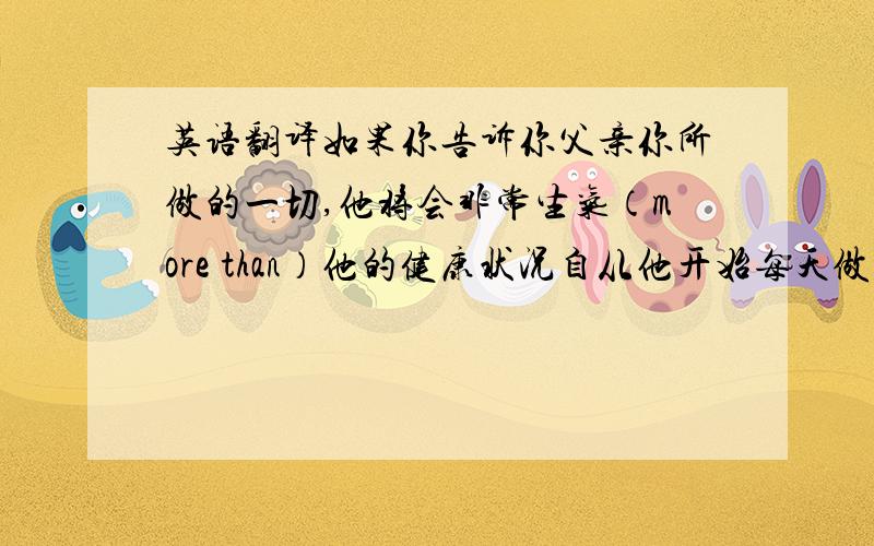 英语翻译如果你告诉你父亲你所做的一切,他将会非常生气（more than）他的健康状况自从他开始每天做早锻炼起有了明显改