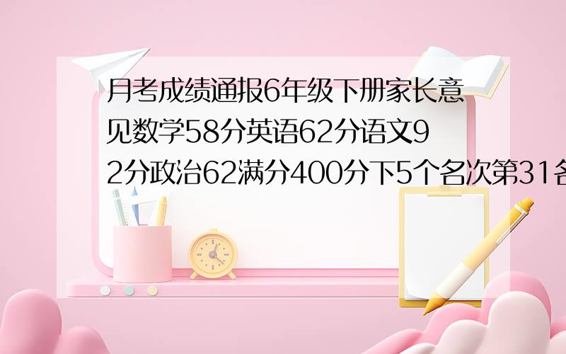 月考成绩通报6年级下册家长意见数学58分英语62分语文92分政治62满分400分下5个名次第31名孩子的成绩不理