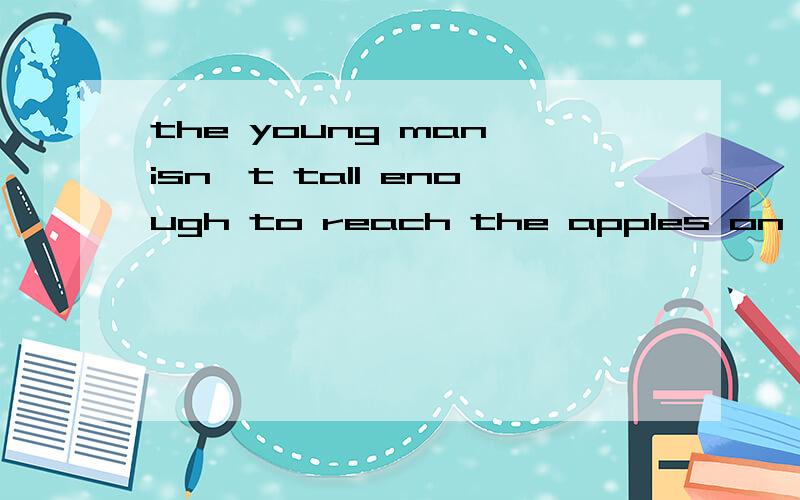 the young man isn`t tall enough to reach the apples on the t