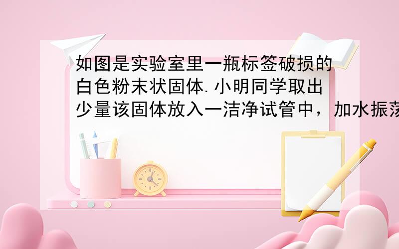 如图是实验室里一瓶标签破损的白色粉末状固体.小明同学取出少量该固体放入一洁净试管中，加水振荡后固体溶解，形成无色透明溶液