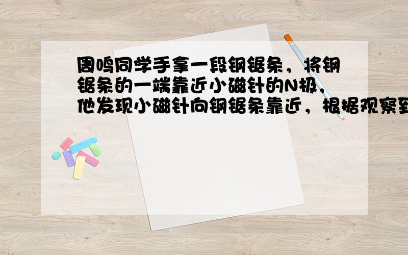 周鸣同学手拿一段钢锯条，将钢锯条的一端靠近小磁针的N极，他发现小磁针向钢锯条靠近，根据观察到的现象，他做出了以下几种判断