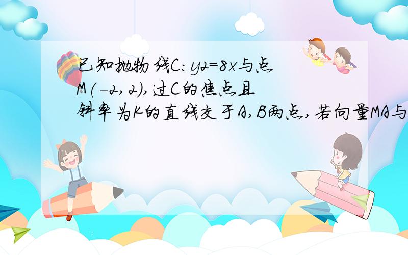 已知抛物线C:y2=8x与点M(-2,2),过C的焦点且斜率为K的直线交于A,B两点,若向量MA与向量MB的内积=0,则