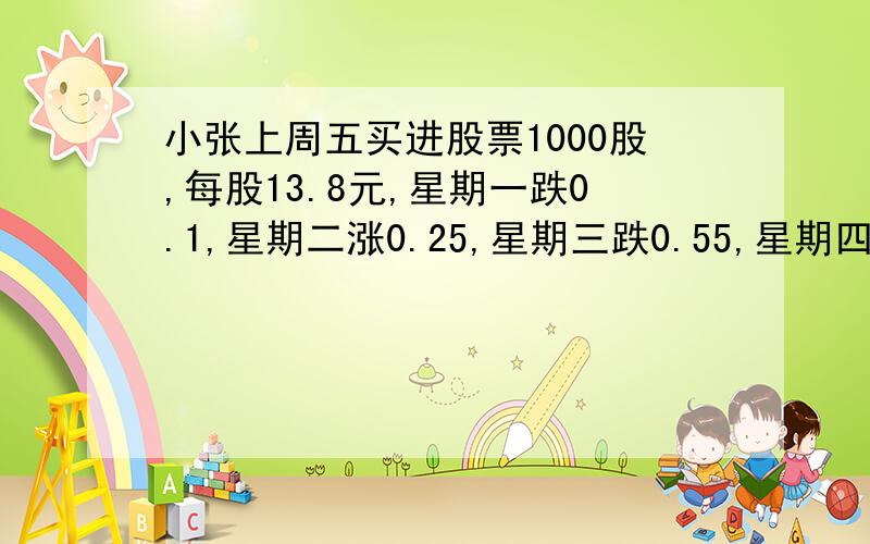 小张上周五买进股票1000股,每股13.8元,星期一跌0.1,星期二涨0.25,星期三跌0.55,星期四涨0.4,星期五