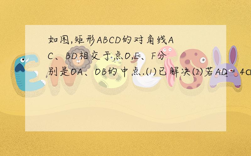 如图,矩形ABCD的对角线AC、BD相交于点O,E、F分别是OA、OB的中点.⑴已解决⑵若AD＝4㎝