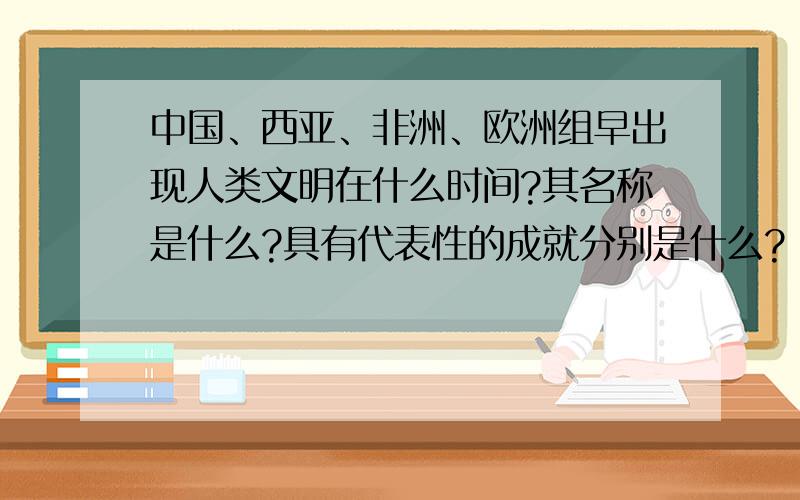 中国、西亚、非洲、欧洲组早出现人类文明在什么时间?其名称是什么?具有代表性的成就分别是什么?