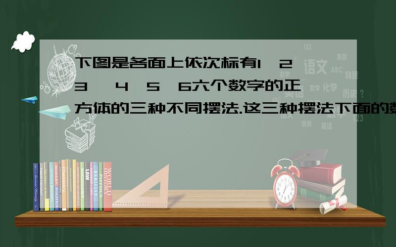 下图是各面上依次标有1,2,3 ,4,5,6六个数字的正方体的三种不同摆法.这三种摆法下面的数字和是多少?