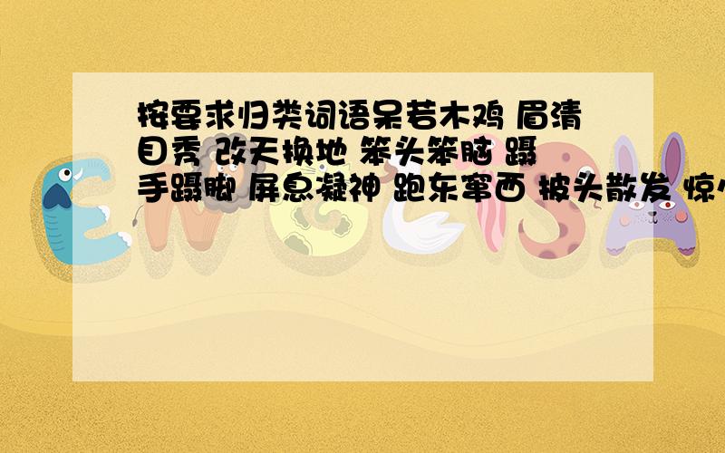 按要求归类词语呆若木鸡 眉清目秀 改天换地 笨头笨脑 蹑手蹑脚 屏息凝神 跑东窜西 披头散发 惊心动魄 不动声色 心平气