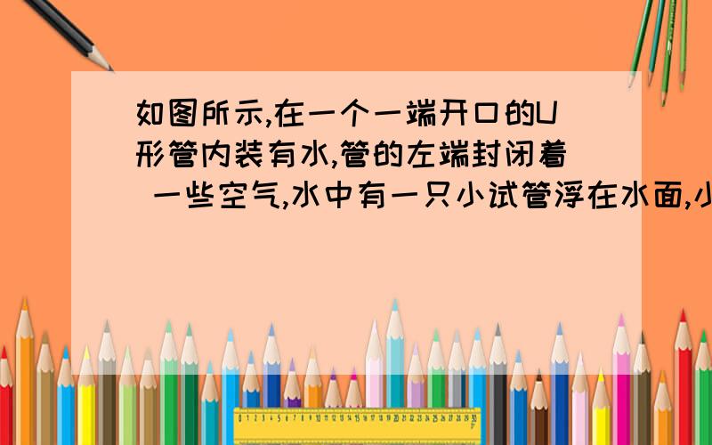 如图所示,在一个一端开口的U形管内装有水,管的左端封闭着 一些空气,水中有一只小试管浮在水面,小试管中也封闭着一些空气．