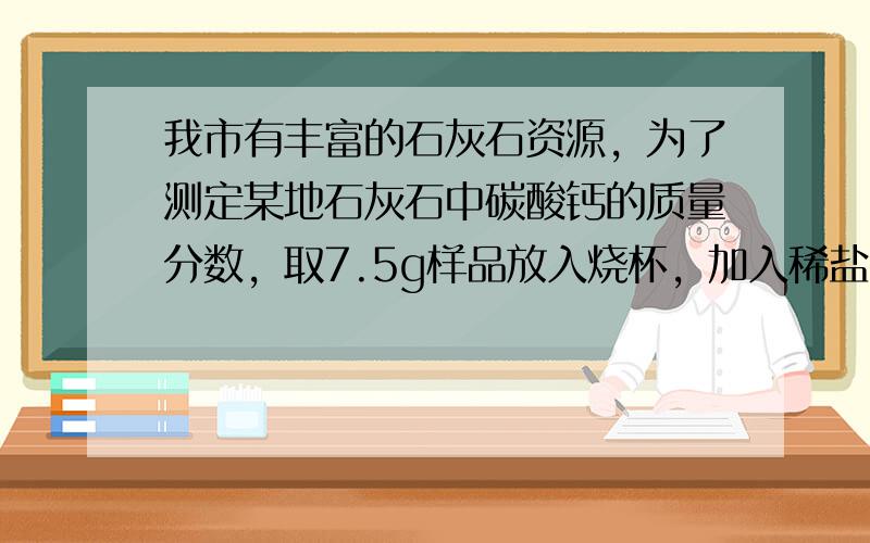 我市有丰富的石灰石资源，为了测定某地石灰石中碳酸钙的质量分数，取7.5g样品放入烧杯，加入稀盐酸至恰好不再产生气体时消耗