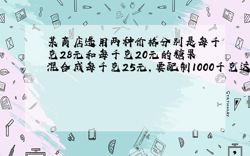 某商店选用两种价格分别是每千克28元和每千克20元的糖果混合成每千克25元,要配制1000千克这种糖.