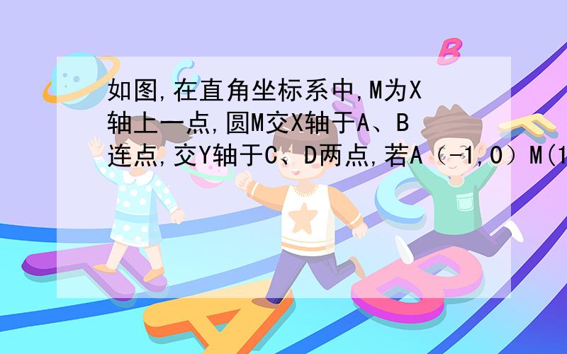 如图,在直角坐标系中,M为X轴上一点,圆M交X轴于A、B连点,交Y轴于C、D两点,若A（-1,0）M(1,0)