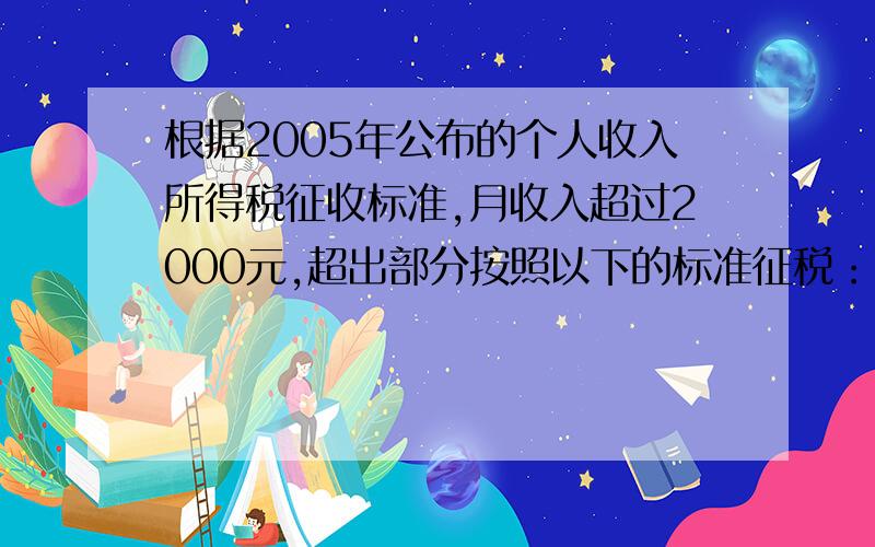 根据2005年公布的个人收入所得税征收标准,月收入超过2000元,超出部分按照以下的标准征税：不超过500元的,征税5％