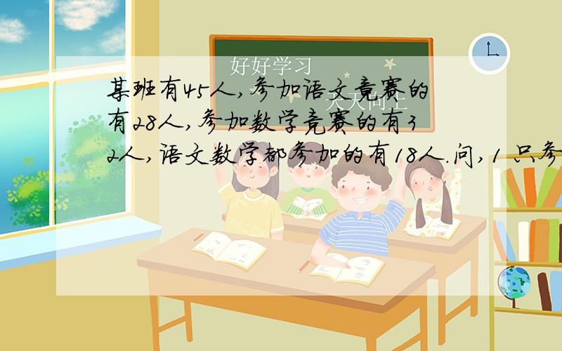 某班有45人,参加语文竟赛的有28人,参加数学竞赛的有32人,语文数学都参加的有18人.问,1 只参加语文竞赛的有多少人