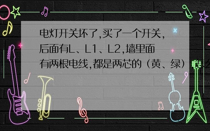 电灯开关坏了,买了一个开关,后面有L、L1、L2,墙里面有两根电线,都是两芯的（黄、绿）,怎么接?