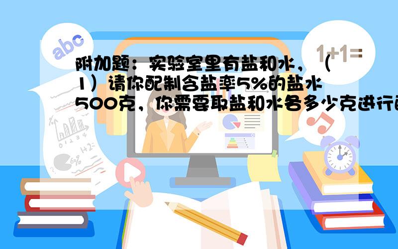 附加题：实验室里有盐和水，（1）请你配制含盐率5%的盐水500克，你需要取盐和水各多少克进行配制？（2）如果要求你把（1