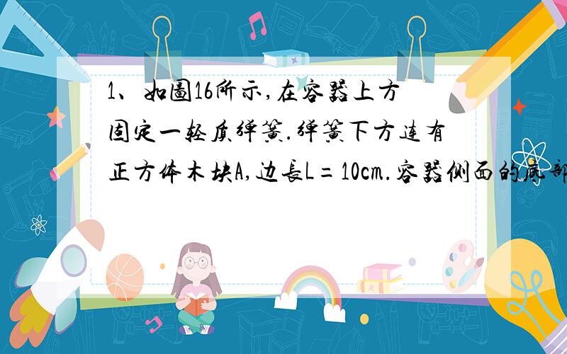 1、如图16所示,在容器上方固定一轻质弹簧.弹簧下方连有正方体木块A,边长L=10cm.容器侧面的底部有一个由闸门B控制