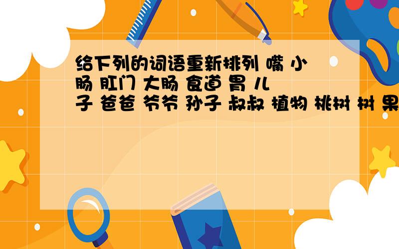 给下列的词语重新排列 嘴 小肠 肛门 大肠 食道 胃 儿子 爸爸 爷爷 孙子 叔叔 植物 桃树 树 果树 木本植物