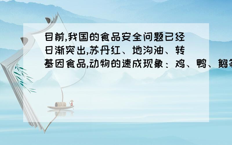 目前,我国的食品安全问题已经日渐突出,苏丹红、地沟油、转基因食品,动物的速成现象：鸡、鸭、鹅等禽类生长周期被缩短至28&