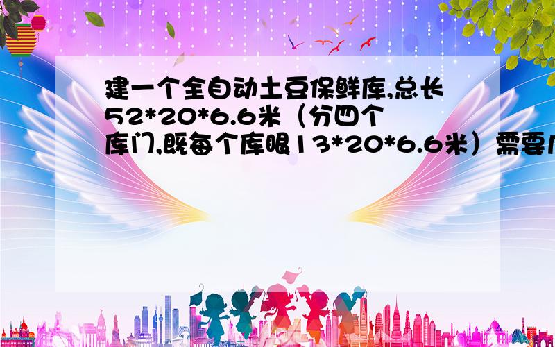 建一个全自动土豆保鲜库,总长52*20*6.6米（分四个库门,既每个库眼13*20*6.6米）需要几台多大的压缩机并联合