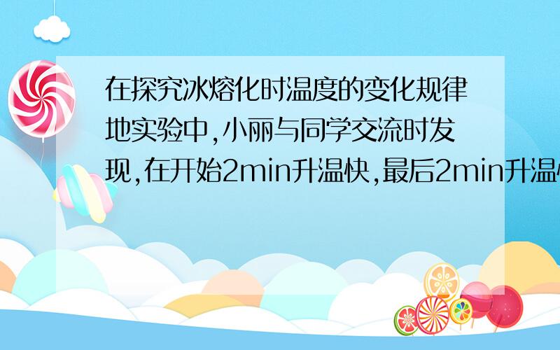 在探究冰熔化时温度的变化规律地实验中,小丽与同学交流时发现,在开始2min升温快,最后2min升温慢