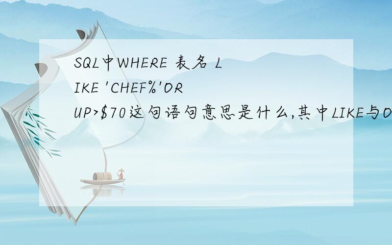 SQL中WHERE 表名 LIKE 'CHEF%'OR UP>$70这句语句意思是什么,其中LIKE与OR用法