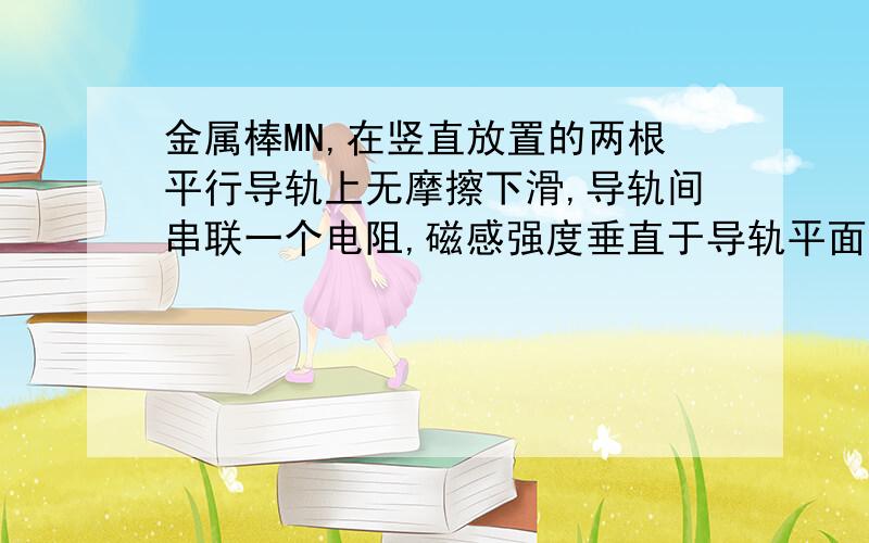 金属棒MN,在竖直放置的两根平行导轨上无摩擦下滑,导轨间串联一个电阻,磁感强度垂直于导轨平面,金属棒和导轨的电阻不计,设