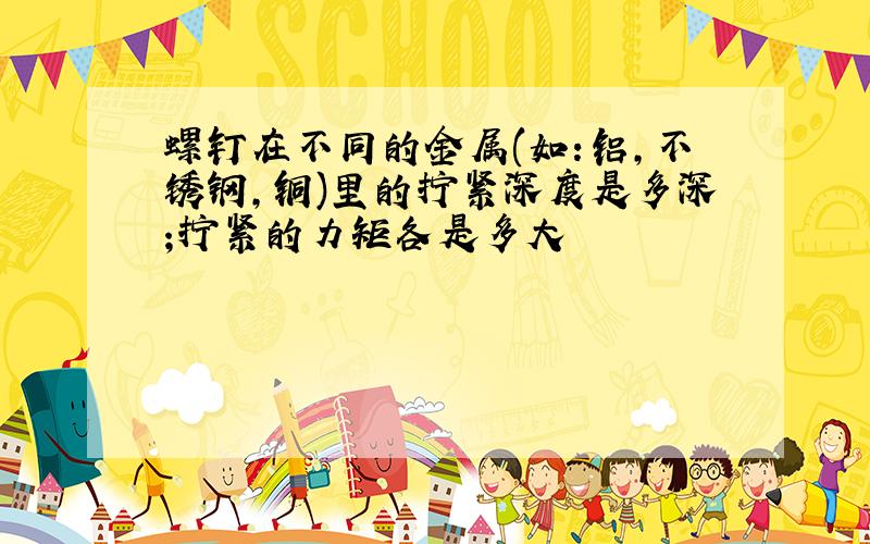 螺钉在不同的金属(如:铝,不锈钢,铜)里的拧紧深度是多深;拧紧的力矩各是多大