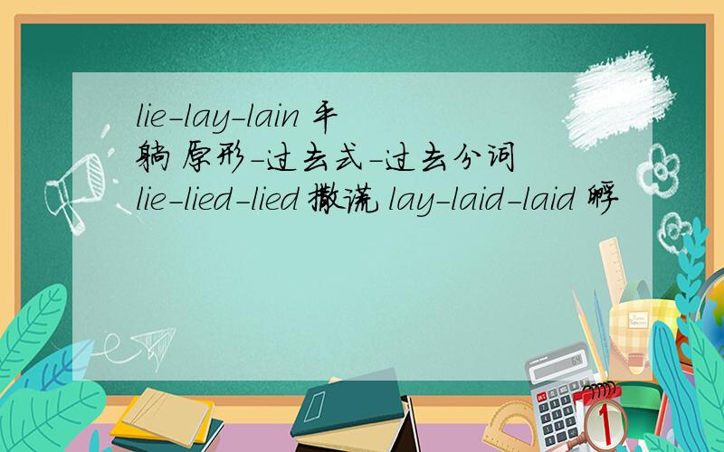 lie-lay-lain 平躺 原形-过去式-过去分词 lie-lied-lied 撒谎 lay-laid-laid 孵