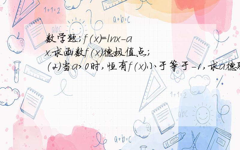 数学题；f(x)=lnx-ax.求函数f(x)德极值点;(2)当a>0时,恒有f(x)小于等于-1,求a德取值范围