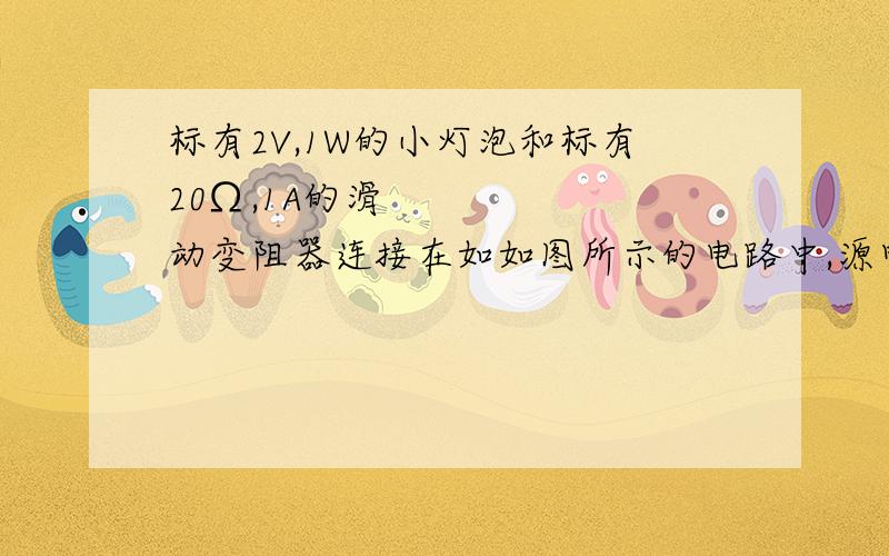 标有2V,1W的小灯泡和标有20Ω,1A的滑动变阻器连接在如如图所示的电路中,源电压为6V,电流表量成为0～