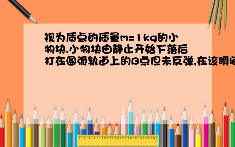 视为质点的质量m=1kg的小物块.小物块由静止开始下落后打在圆弧轨道上的B点但未反弹,在该瞬间碰撞过程中,小物块沿半径方