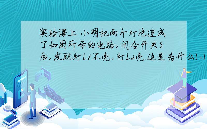 实验课上 小明把两个灯泡连成了如图所示的电路,闭合开关S后,发现灯L1不亮,灯L2亮.这是为什么?小明猜想