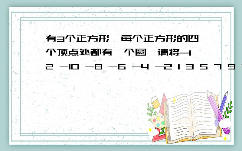 有3个正方形,每个正方形的四个顶点处都有一个圆,请将-12 -10 -8 -6 -4 -2 1 3 5 7 9 11 这