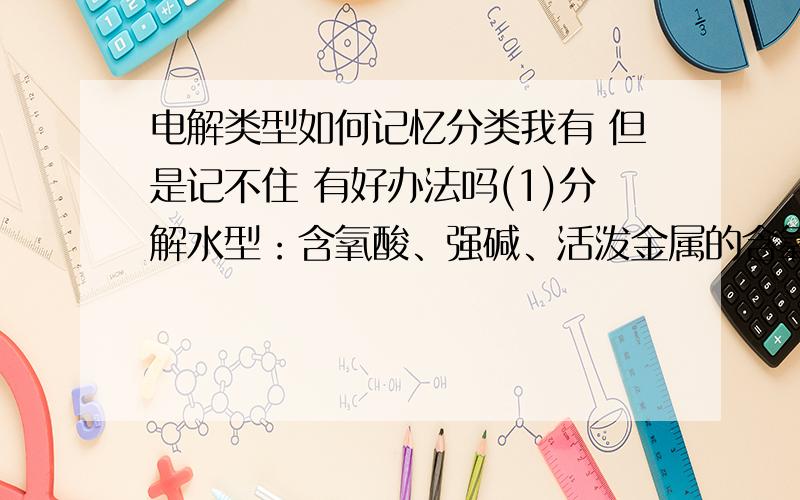 电解类型如何记忆分类我有 但是记不住 有好办法吗(1)分解水型：含氧酸、强碱、活泼金属的含氧酸盐（如NaOH、H2SO4