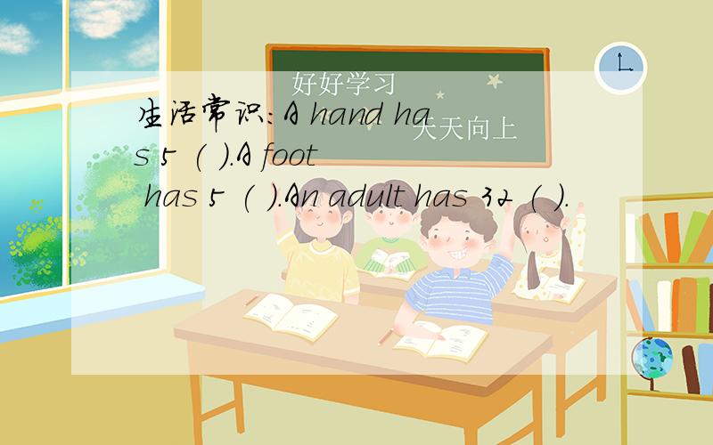 生活常识:A hand has 5 ( ).A foot has 5 ( ).An adult has 32 ( ).