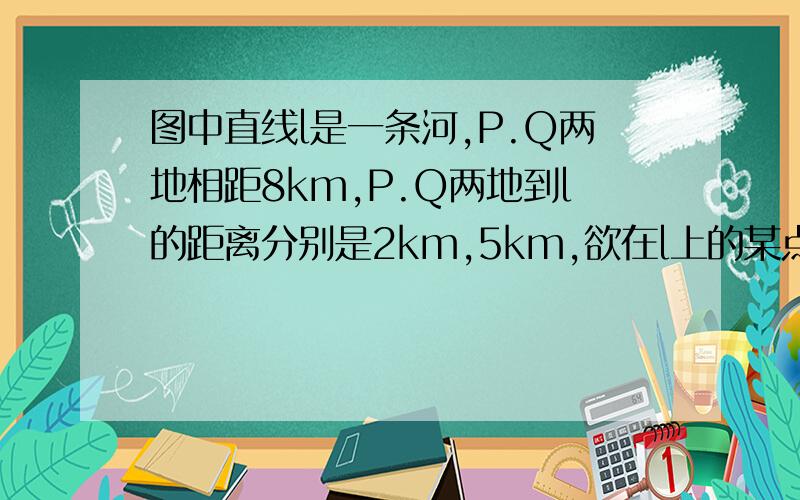 图中直线l是一条河,P.Q两地相距8km,P.Q两地到l的距离分别是2km,5km,欲在l上的某点M处修建一个水泵站,