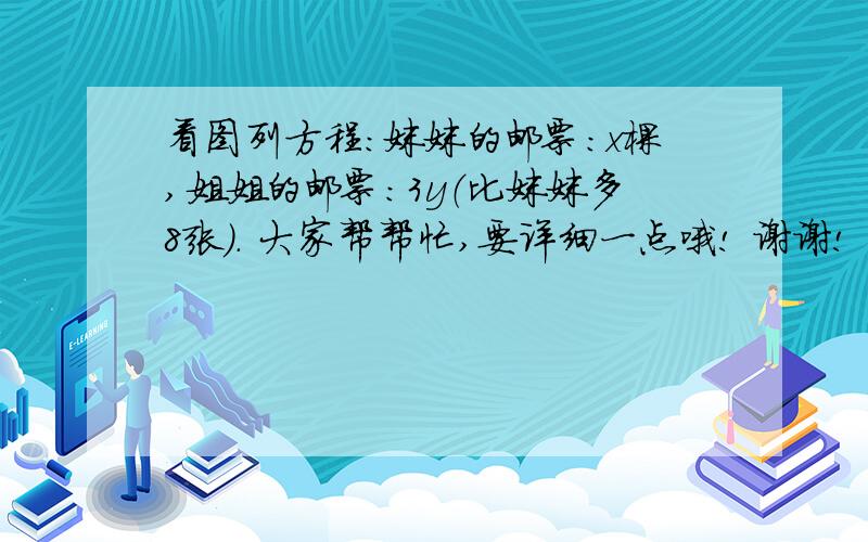 看图列方程：妹妹的邮票：x棵,姐姐的邮票：3y（比妹妹多8张）. 大家帮帮忙,要详细一点哦! 谢谢!